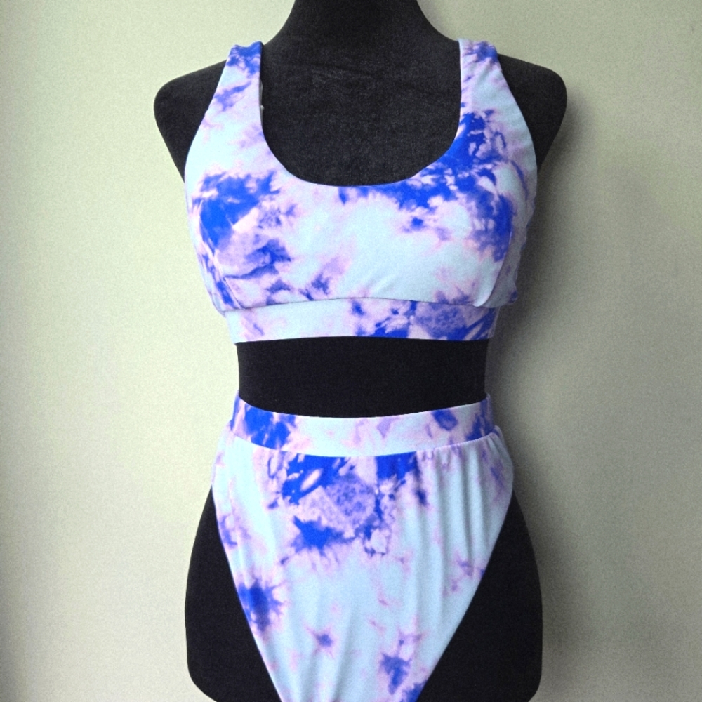 Pink Lily Women's Blue Pink Tie Dye High Waist 2 Piece Bikini Medium